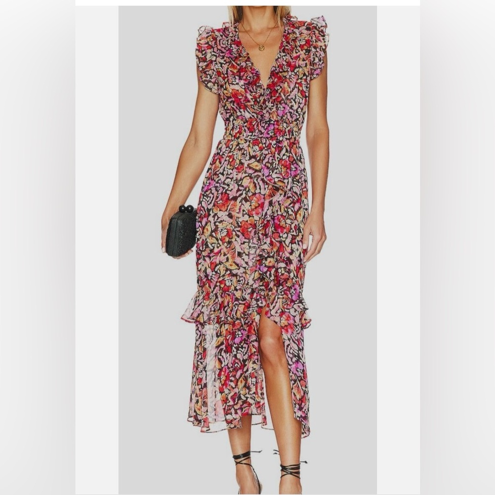 Misa Los Angeles Vibrant Floral Lightweight Midi Dress Flowy Chiffon Ruffle